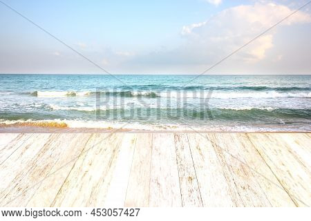 Sea Scape Nature Background With Perspective Woood Copy Space