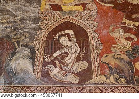 Remarkable Mural Painting Of Phra Mae Thorani Goddess Twisting Her Hair Above The Door Inside The Ol