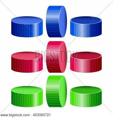 Cap Bottle Plastic Material Multicolor Set Vector. Container Blank Cap Cover. Dairy Product Or Water