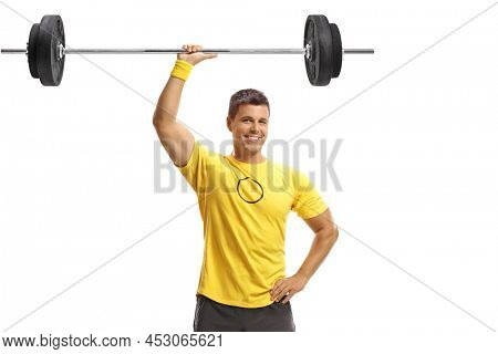 Fit man lifting weigths with one hand isolated on whie background