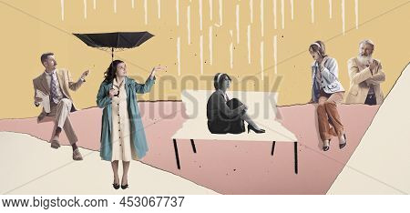 Contemporary Art Collage Of Women And Men In Vintage Outfits Sitting Isolated Over Pink And Yellow B