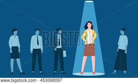 Talented Businesswoman. Recruit Talent Woman, Select Candidate. Individual Employee In Spotlight Lig
