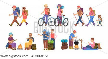 Cartoon Hiking Characters. Happy Travel People On Nature, Family And Couples Adventures. Tourist Cam