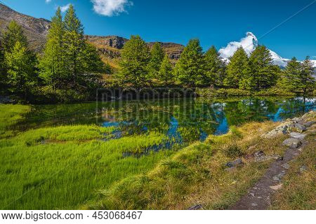 One Of The Most Famous Swiss Hiking Destination With Matterhorn View From The Grindjisee Lake, Zerma