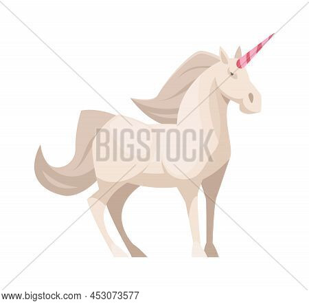 Cute White Unicorn With Pink Horn Fairy Tale Character Flat Vector Illustration