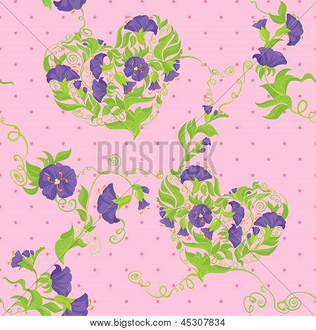Seamless Pattern - Convolvulus Blumen Herzen auf Polka Dot Pink Baskground