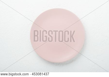 Ceramic Empty Pink Plate. Rustic Vintage Set Of White Plate, Wooden Spoon On Light White Wooden Back