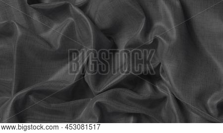 Blank Black Crumpled Glossy Fabric Material Mockup, Top View, 3d Rendering. Empty Pleated Satined Ti