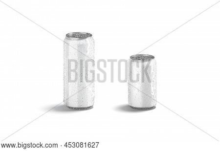 Blank White 330ml And 500ml Soda Can With Drops Mockup, 3d Rendering. Empty Metal Tin With Condensat
