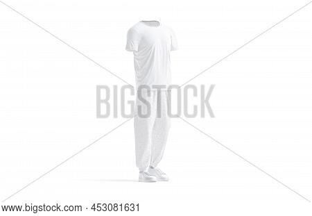 Blank White Sport Uniform With T-shirt And Sweatpants Mock Up, 3d Rendering. Empty Wrinkled Training