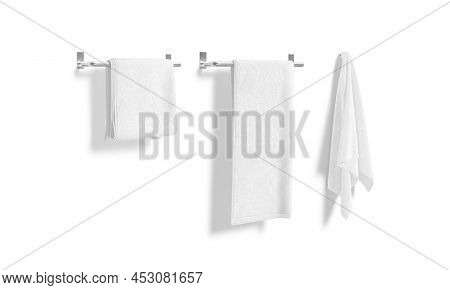 Blank White Towel Hanging On Heated Rail And Hook Mockup, 3d Rendering. Empty Terry Micorfiber On He