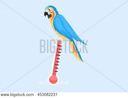 Cute Tropical Parrot Sits On Thermometer With Red Scale. Concept Of Global Warming Temperature Incre