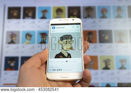 Belgrade, Serbia - April 15, 2022: The Most Expensive Bored Ape Nft From Yacht Club Nft Collection (