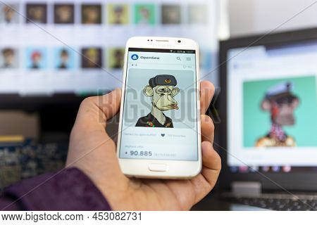 Belgrade, Serbia - April 15, 2022: The Most Expensive Bored Ape Nft From Yacht Club Nft Collection (