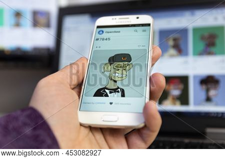 Belgrade, Serbia - April 15, 2022: The Most Expensive Bored Ape Nft From Yacht Club Nft Collection (