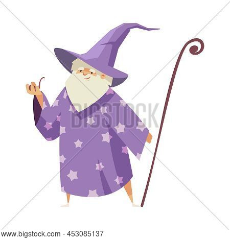 Kind Old Bearded Wizard Holding Stick And Smoking Pipe Flat Vector Illustration