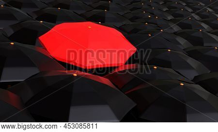 A 3d Illustration, Red Umbrella Standing Out In A Set Of Black Umbrellas, 3d Rendering