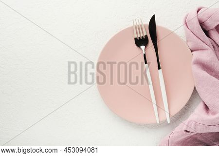 Ceramic Empty Pink Plate. Rustic Vintage Set Of White Plate, Wooden Spoon On Light White Wooden Back