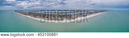 Drone Panorama Over Clearwater Beach In Florida At Daytime With Cloudy Skies
