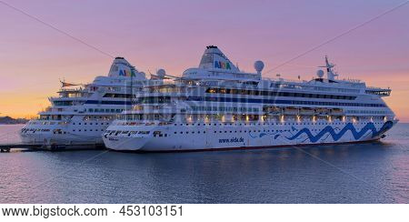 Tallinn, Estonia -march 05, 2022: Aida Cruise Ship At Sunset Time In Harbour. Aida Luxury Liner At W