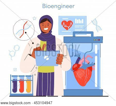 Diverse Women In Science Concept. Female Character Works With Bioengineering,