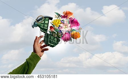 Stop War And No Violence Concept As A Grenade Weapon With Flowers As A Person Throwing A Symbol For 