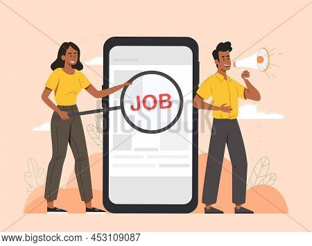 Hiring And Online Recruitment. Men And Women With Loudspeaker And Magnifying Glass Looking For New E