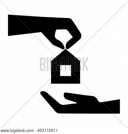 Cartoon House Icon In Hand. Safe Finance Investment. Real Estate, Mortgage, Loan Concept. Vector Ill