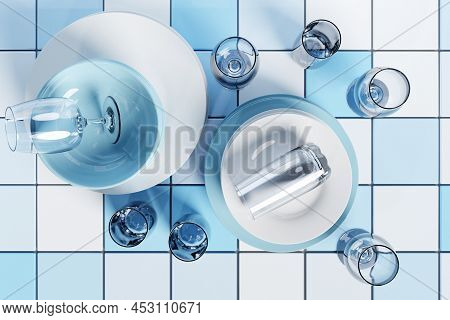 Realistic 3d Illustration Of An Empty Set Of Dishes. Clean Dishes, Folded Kitchen Utensils, Plates, 
