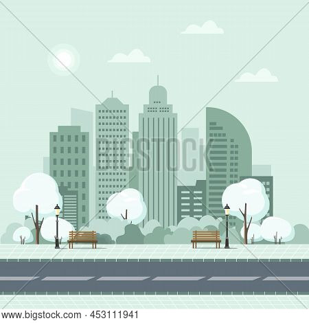 Landscape Urban City Center With Tree Flat Illustration