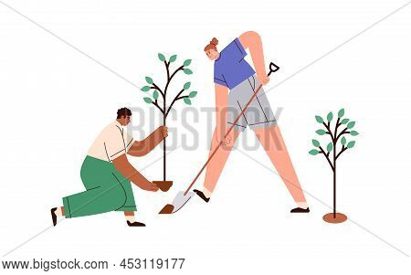 People Planting Tree. Couple Of Eco Volunteers During Voluntary Activity In Nature. Diverse Man And 
