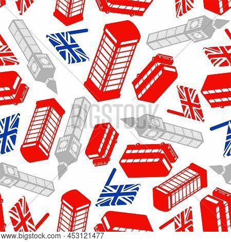 London Pattern Seamless. United Kingdom Background. Landmark Of London Set Icon. Red Doubledecker An