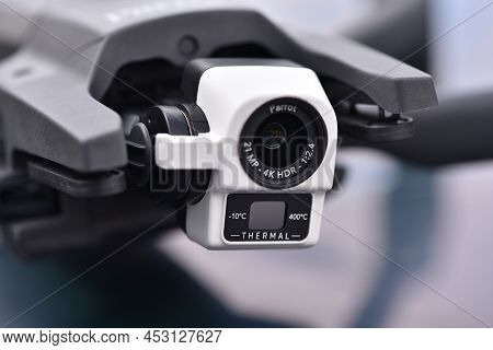 10 April 2022 - Krakow, Poland: Camera Of Drone Parrot Anafi Thermal, Close-up View