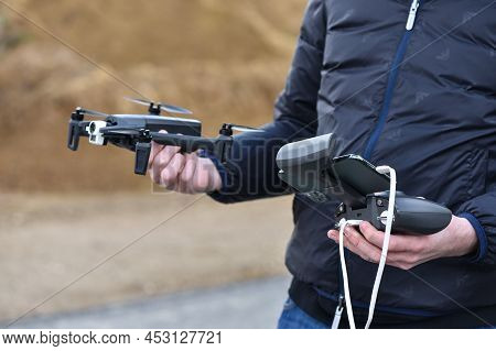 10 April 2022 - Krakow, Poland: Man Preparing For Drone Flight. Drone Parrot Anafi Thermal And Remot