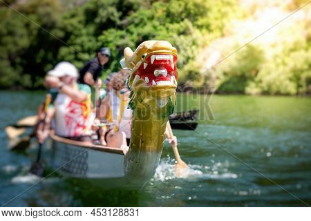 Low Angle Shot Of A Dragon Boat With Decorated Head