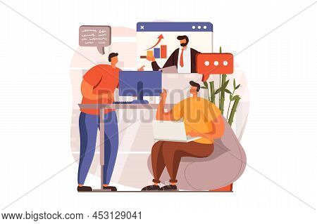 Business Meeting Web Concept In Flat Design. Men Discussing Tasks And Developing Strategy By Calling