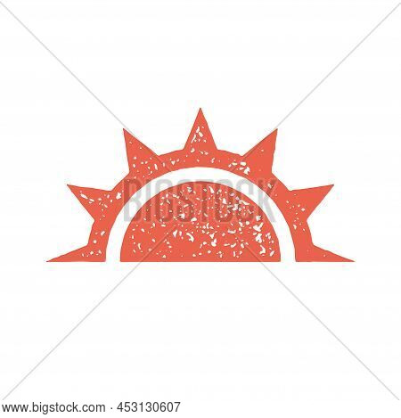 Red Bright Half Sun With Shining Beams Sunrise, Sunset Symbol Decorative Design Grunge Texture