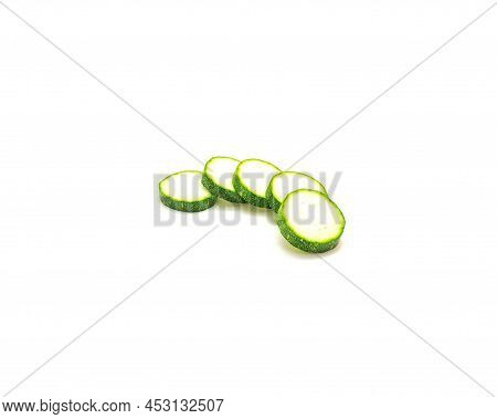 Studio Shot Five Sliced Luffa Smooth Sponge Loofah Fruit Cutouts Isolated On White Background