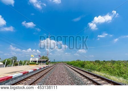 Lopburi Thailand-march 25,2022 : Khok Salung Railway Station And Blue Sky For Tourists, Landmark Of 