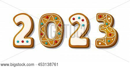 Gingerbread Cookie Numerals On Sticks With Phrase 2023 In Cartoon Style. Sweet Biscuit In New Year M