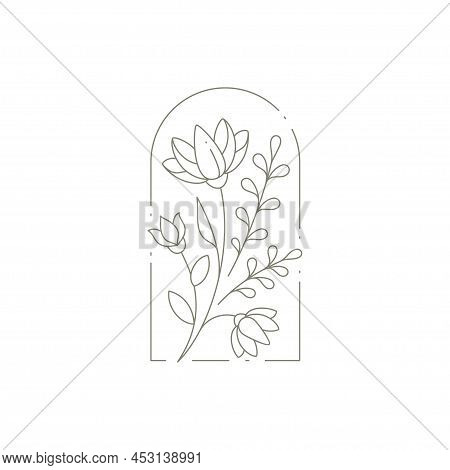 Romantic Nature Flower Plant With Buds, Stem, Leaves At Antique Arch Frame Decorative Design Vector
