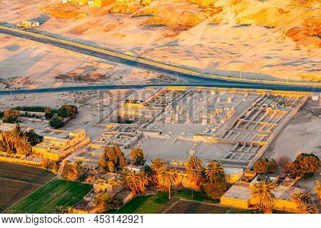 Aerial View Of Ancient Ruins Temple And The Village In Theban Necropolis At Valley Of The Kings In L