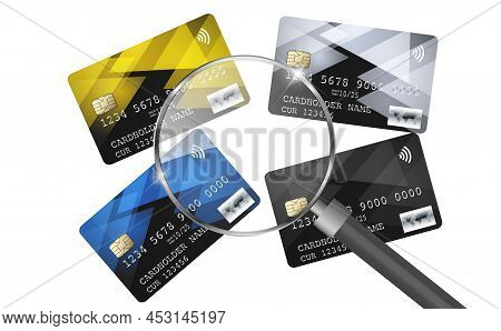 A Set Of Four Multi-colored Plastic Bank, Credit Cards, Different Denominations Under A Magnifying G