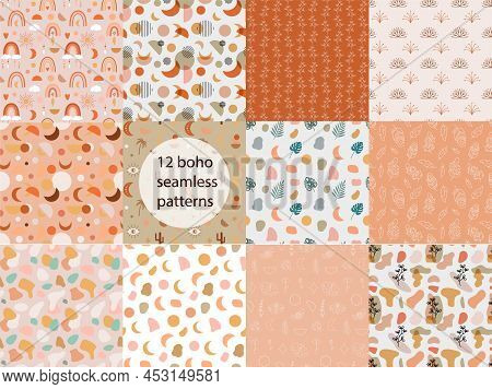 Boho Kid Seamless Patterns Collection. Child Nursery Decoration. Moon, Rainbow And Plant Design. Abs
