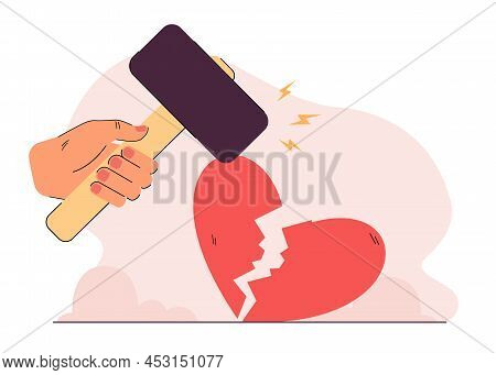 Hand Breaking Heart With Hammer. Two Pieces Of Broken Heart Flat Vector Illustration. Heartbreak, Se