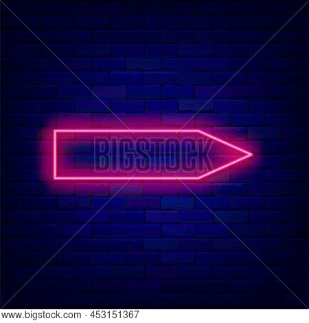 Neon Pink Pointer On Brick Wall. Empty Arrow. Space For Text. Shiny Flyer. Simple Frame. Glowing Eff