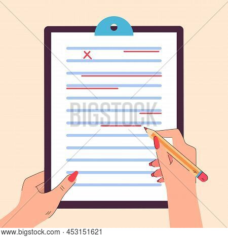 Hands Of Teacher Or Editor Correcting Mistakes In Document. Incorrect Grammar Or Spelling, Errors In