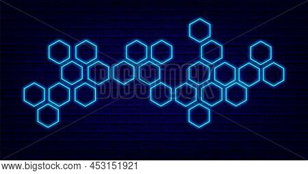 Honeycomb Blue Neon Background. Polygonal Shape. Abstract Banner. Shiny Flyer On Brick Wall. Minimal