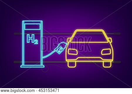 Hydrogen Car Station Neon Icon, H2 Gas. Renewable Eco Energy. Vector Stock Illustration.