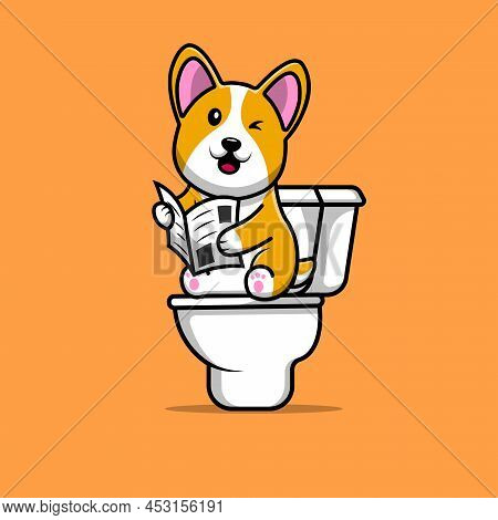 Cute Corgi Dog Pooping With Reading Newspaper Cartoon Vector Icon Illustration. Animal Icon Concept 
